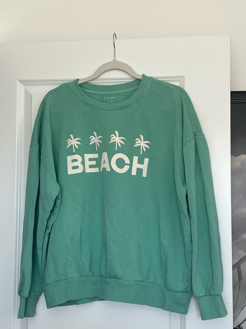 Z Supply Seafoam Green 'BEACH' Crewneck Sweater with Palm Graphic